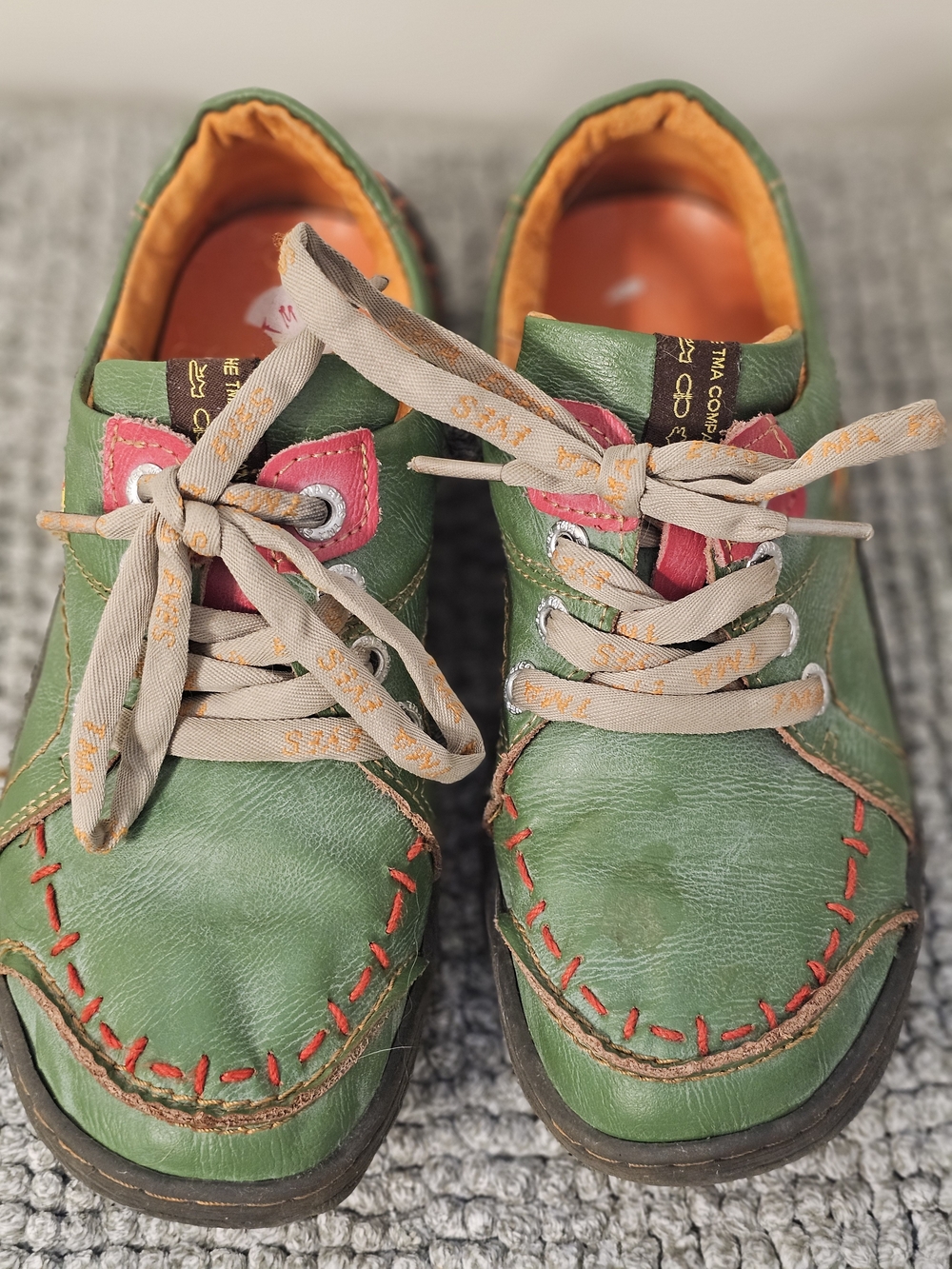 TMA Eyes Green Leather Casual Shoes With Orange Embroidered Stitching - Comfy!